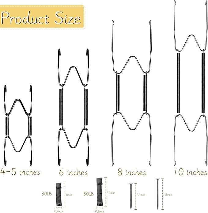 20 Pieces Invisible Wall Plate Hangers 4/5/6/8/10 Inches Wall Plate Hangers Stainless Steel Decorative with 20 Pieces Hook with Nails for Decorative Antique and Arts(Black)