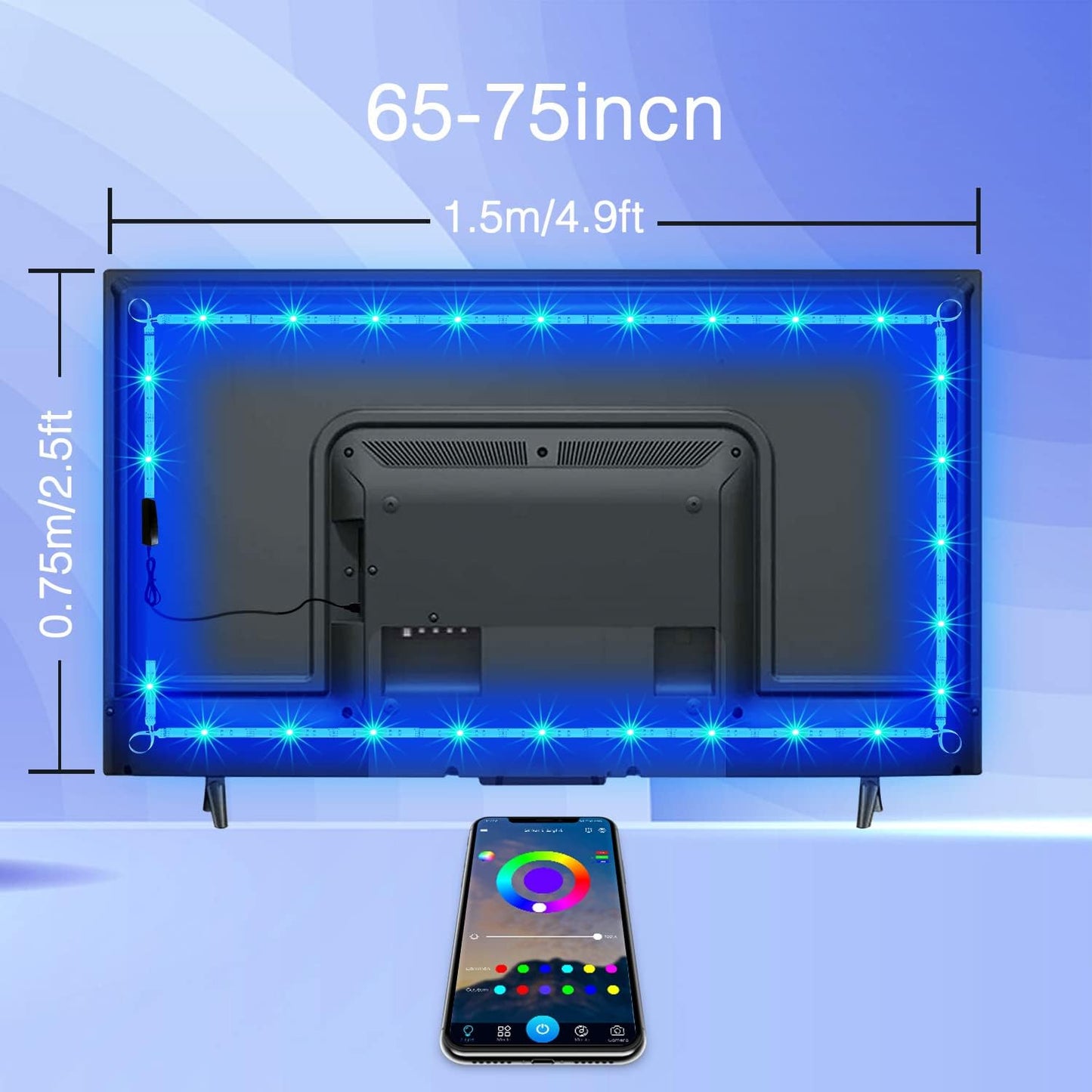 phopollo LED Strip Lights for TV 65-75 inch, 15FT Bluetooth Color Changing Backlight, Model PTV45WILSL, Multicolor