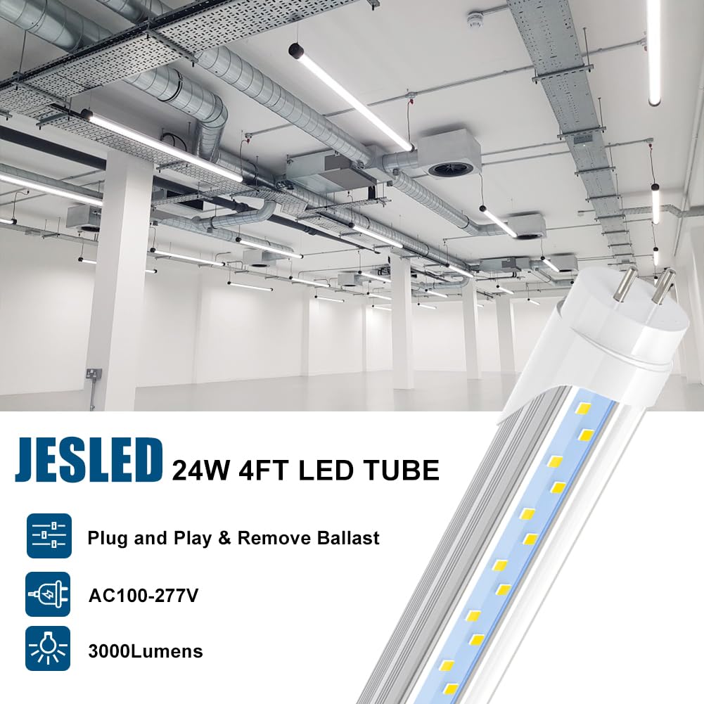 JESLED T8 LED Bulbs, 24W, 3000LM, 5000K Daylight, 4FT, Aluminum+PC, Dual-end, ETL Listed,