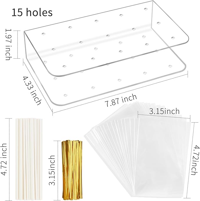 Kucoele Cake Pop Mold Set, Including 15 Hole Clear Acrylic Lollipop Display Stand Holder, 12 Cavity Pink Silicone Cake Pop Mold, Cake Pop Sticks Treats Bags and Twist Ties
