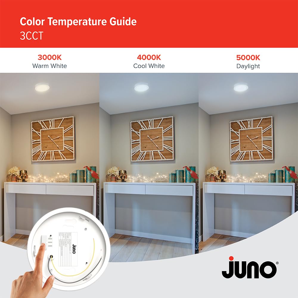 Juno Slim Basics 6 Inch Led Ceiling Light  Low Profile Surface Mount Downlight For Shower Or Closet Lighting  3000K/4000K/5000K Selectable White Light  Edged Trim  Wet Rated  Matte White
