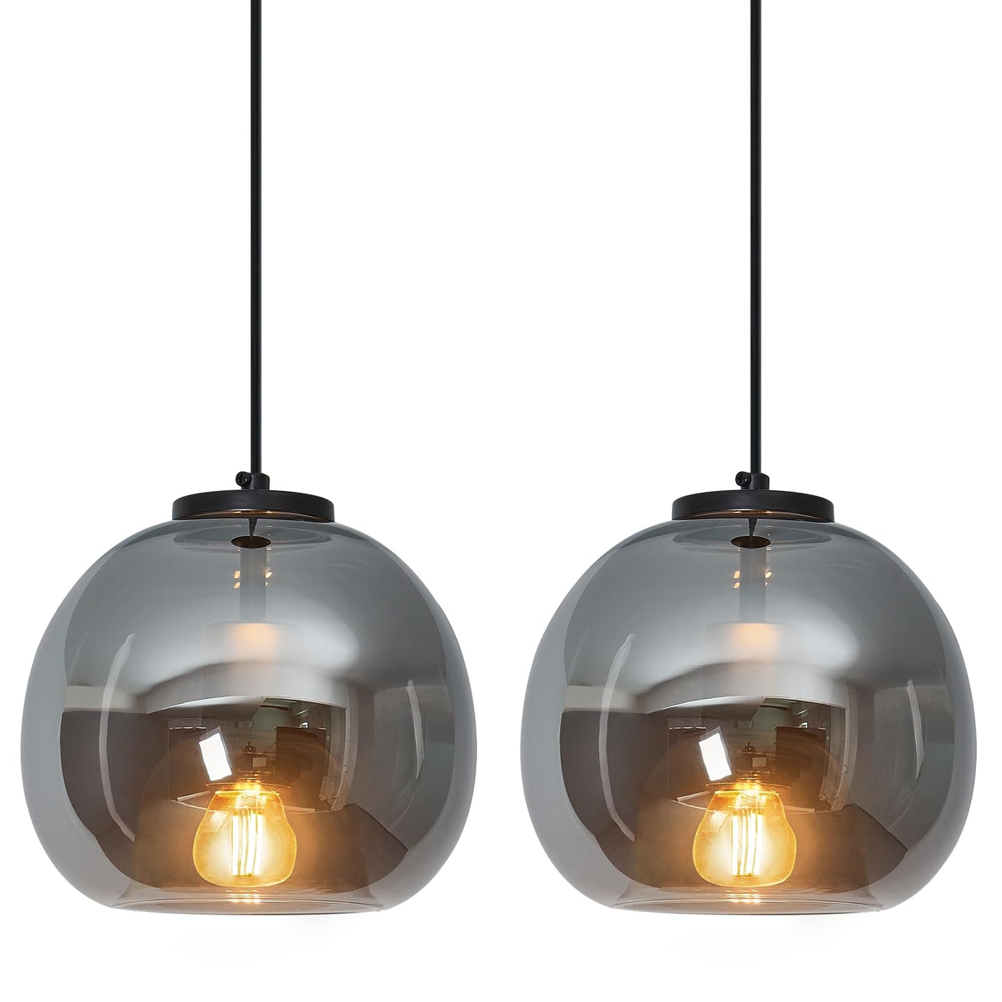 Lbsqj Mirror Smoke Gray Glass Pendant Lights Kitchen Island 2 Pack 7.87 Glass Globe Pendant Light Black Hanging Light Fixture Modern Pendant Lighting For Kitchen Island Bedroom Dining Room