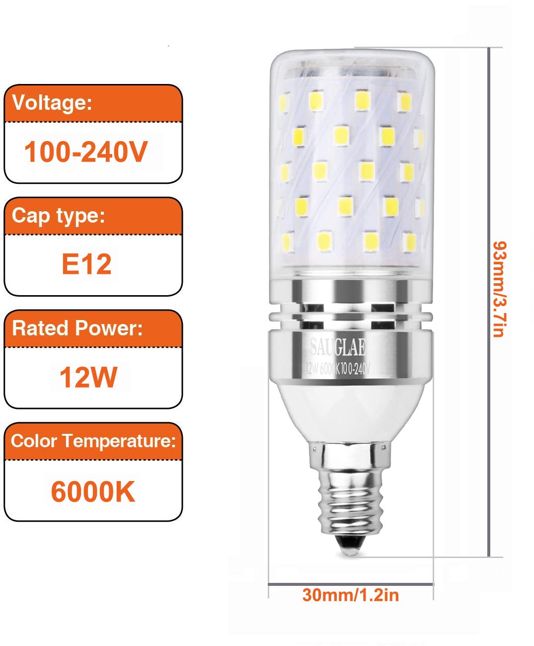 Sagel E12 LED Corn Bulbs 12W, 6000K Cool White, 1200Lm, Glass, 4-Pack