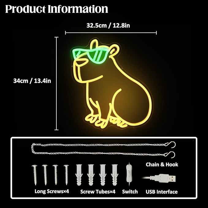 Cool Capybara Neon Sign Cute Animal with Glasses Yellow Green LED Signs for Wall Cartoon Neon Lights for Bedroom Capybara Neon Night Light for Children's Room Party Decor Birthday Gifts