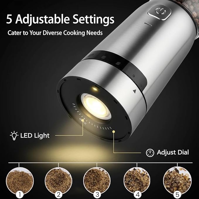 Electric Salt and Pepper Grinder Set, with LED Lights, Stainless Steel Automatic Pepper & Salt Mill with 5 Adjustable Coarseness (Upgraded Larger Capacity 150 ML)
