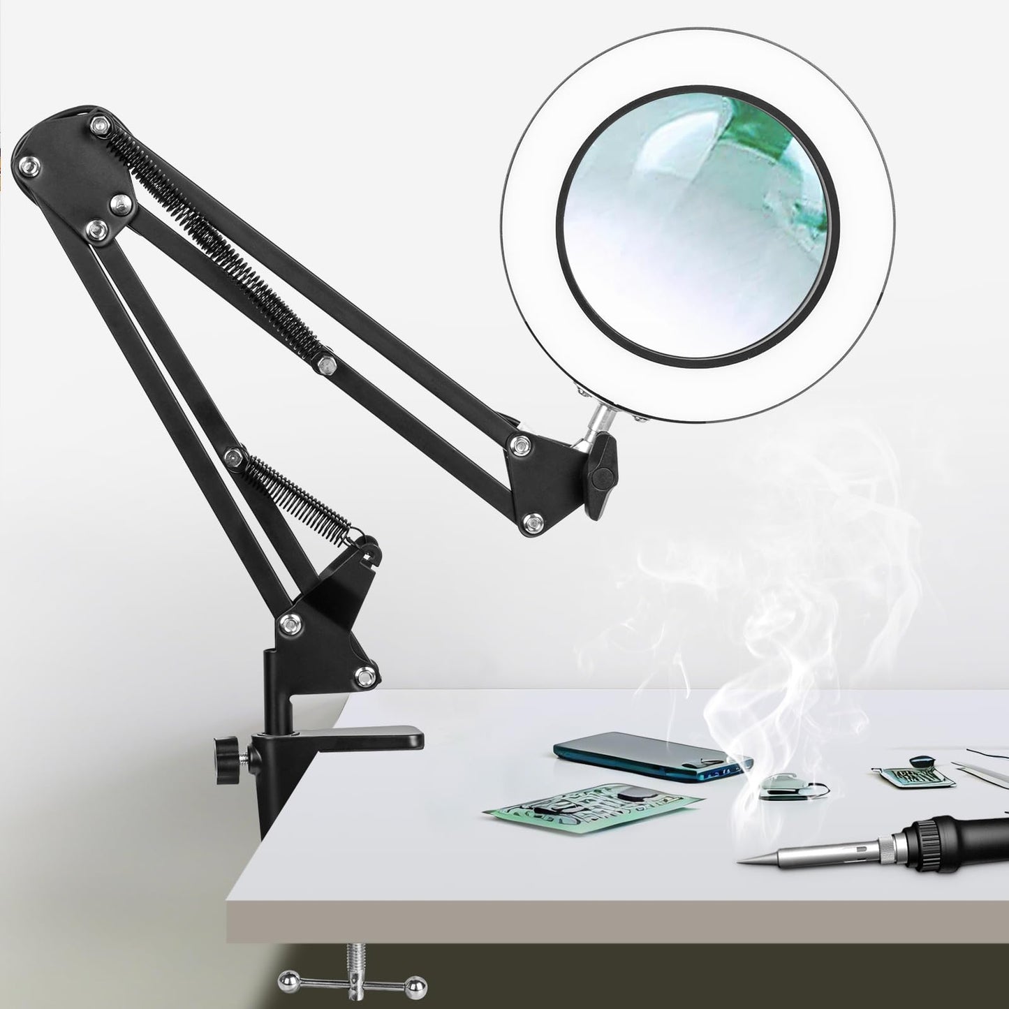 KIRKAS 10X Magnifying Glass with Light, 72 LEDs, 10 Dimmable Brightness, Metal Stand, Black, Model KR-DB-Black