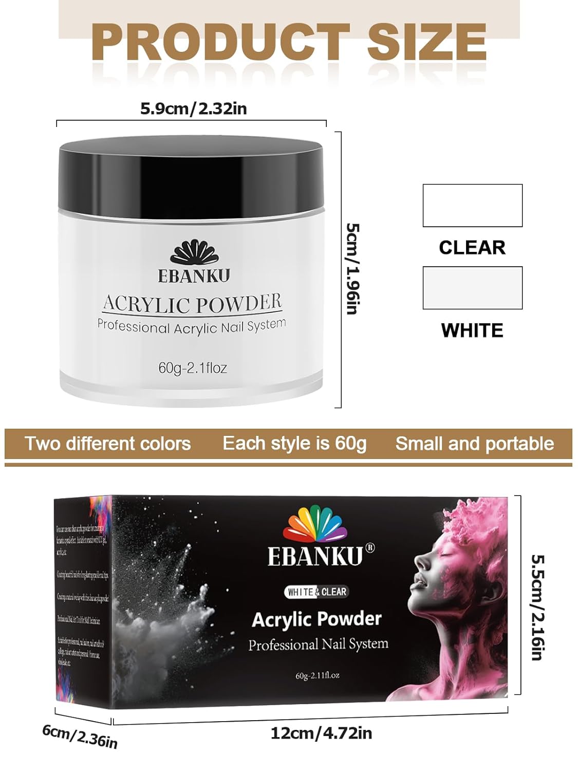 EBANKU 2 Colors Acrylic Nail Powder Set, White Clear Acrylic Powder Professional Nail Acrylic Powder for Nail Acrylic Extension, Nail Carving, Long-Lasting, No Nail Lamp Needed, 2.1 oz
