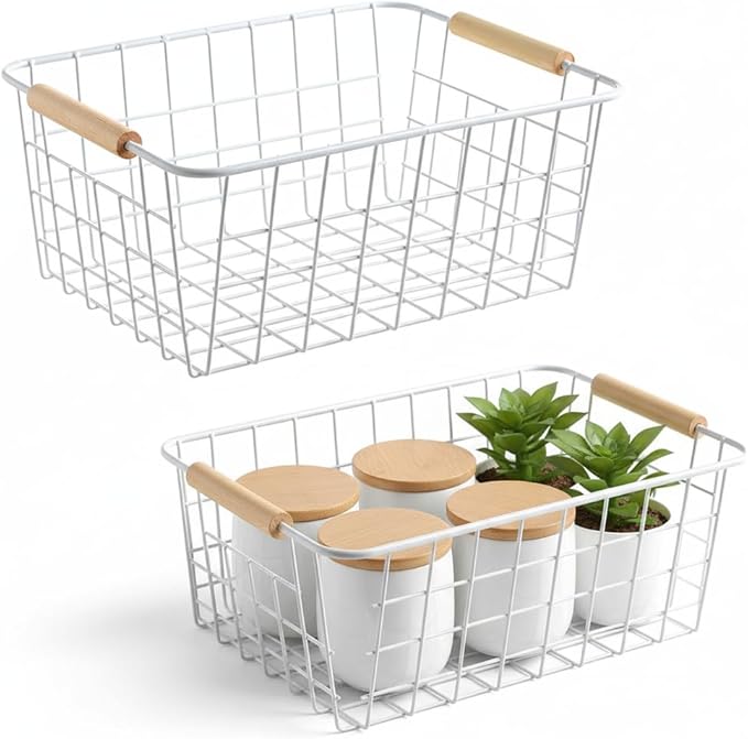 Metal Wire Food Storage Basket Organizer with Wooden Handles for Organizing Kitchen Cabinets, 2 Packs-White