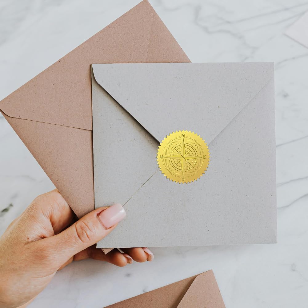 Peacoblue Gold Foil Sticker Seal Embossed 2 Inch 100Pcs Compass, Self Adhesive Gold Around Embossing Sticker for Invitation Certificate Envelope Seal Gift Card Decoration