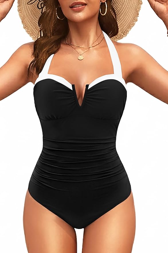 Daci Women's Tummy Control One Piece Swimsuit - Slimming Retro Bathing Suit Halter Swimwear 2026