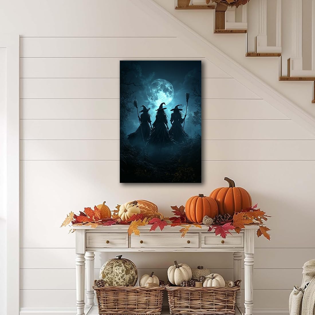 Moonlight Witches Halloween Canvas Art Picture,Three Witches on Broom in Forest Painting Print Gothic Decor,Halloween Witch Poster Witchy Room Aesthetic Bedroom Home Decorations,24"x36" Framed