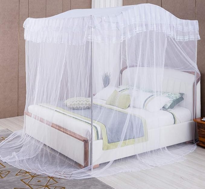 Mengersi Arched 4 Corners Post Bed Curtain Canopy Net Square Princess Fly Screen, Indoor Outdoor (Queen, White)