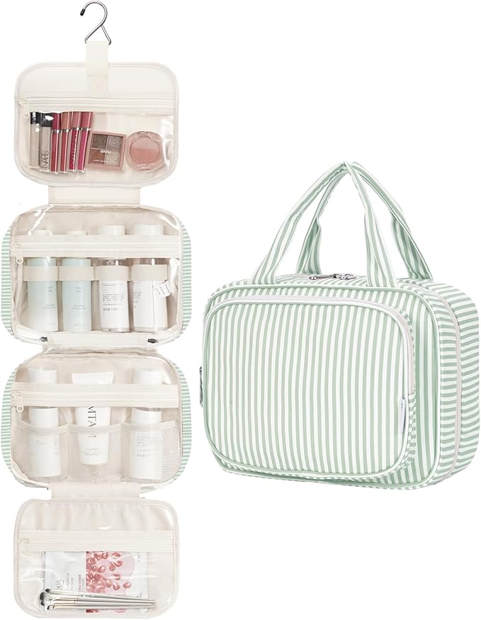 Narwey Striped Hanging Toiletry Bag for Women Travel Makeup Bag Organizer Toiletries Bag for Travel Size Essentials Accessories Cosmetics (Mint Green Stripe (Medium))
