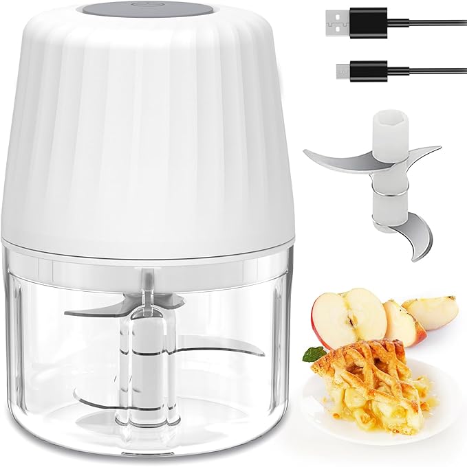 Mini Garlic Chopper, 250ml Small Food Processor Cordless 1 Cup, Battery USB-C Rechargeable Electric Food Chopper Wireless, Portable Garlic Grinder Masher,Veggie Meat Blender Mincer Kitchen Mixer,White