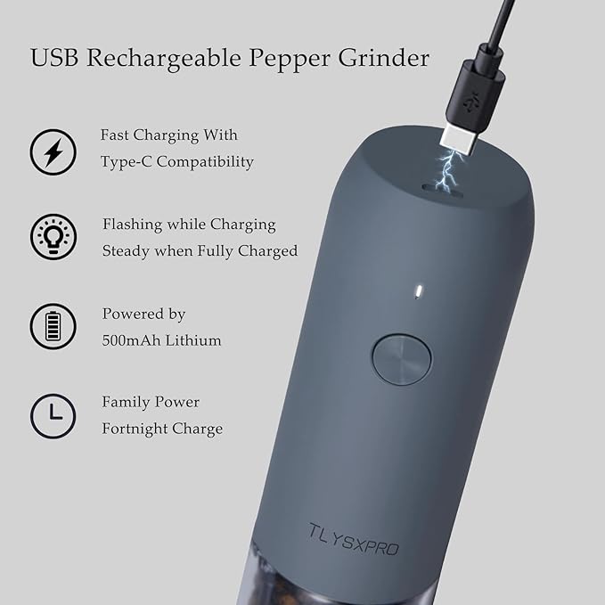 Electric Salt and Pepper Grinder Set with USB Rechargeable, Automatic One Hand Operation with Adjustable Coarseness, Pepper Mill Grinder Refillable with LED Light (2 Packs, Blue-Grey)