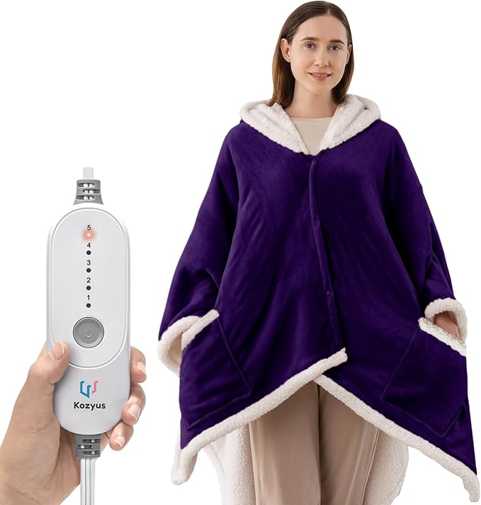Kozyus Wearable Heated Throw Blanket, Heated Shawl Electric Wrap Poncho with Hood & Pockets for Women & Men, 5 Heat Settin...