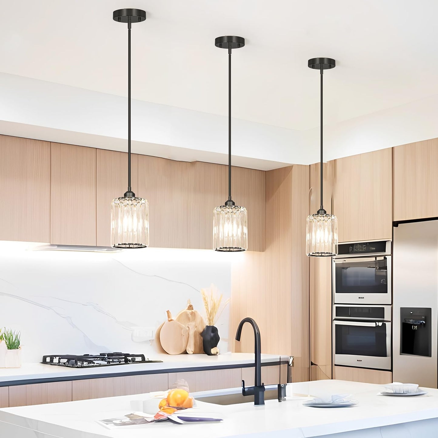 Lxybcce Black Kitchen Pendant Lights Over Island With Adjustable Rods - Crystal Pendant Lighting Fixtures 3 Pack  Ideal Over Dining Table Or Bar  E26 Bulb Compatible  No Electrician Needed