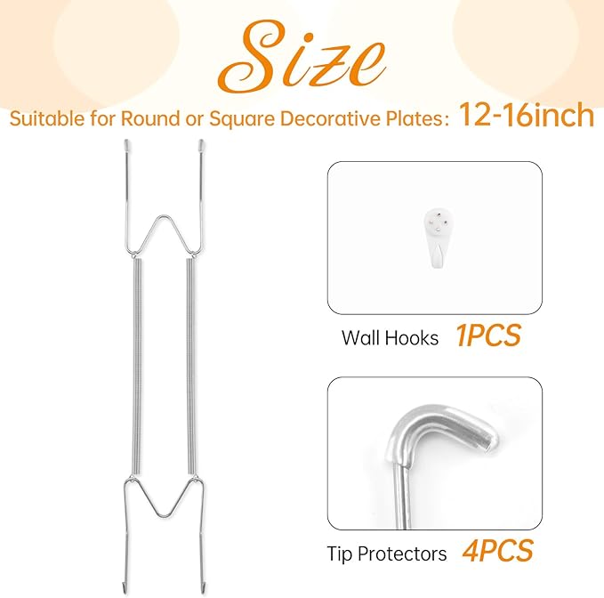 Bilillo Plate Hangers for The Wall, Suitable for 12-16 inch Decorative Plate, Stainless Steel Invisible Heavy Duty Wire Plate Holder with Wall Hooks, Plate Hangers for Displaying Plates, Silver