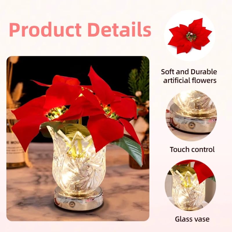 Nikuoan Christmas Poinsettia Table Lamp  Artificial Flower Lamp With Glass Vase Dimmable Cordless Lamp  Night Light Table Lamp For Living Room Bedroom Office Home Decor Gift