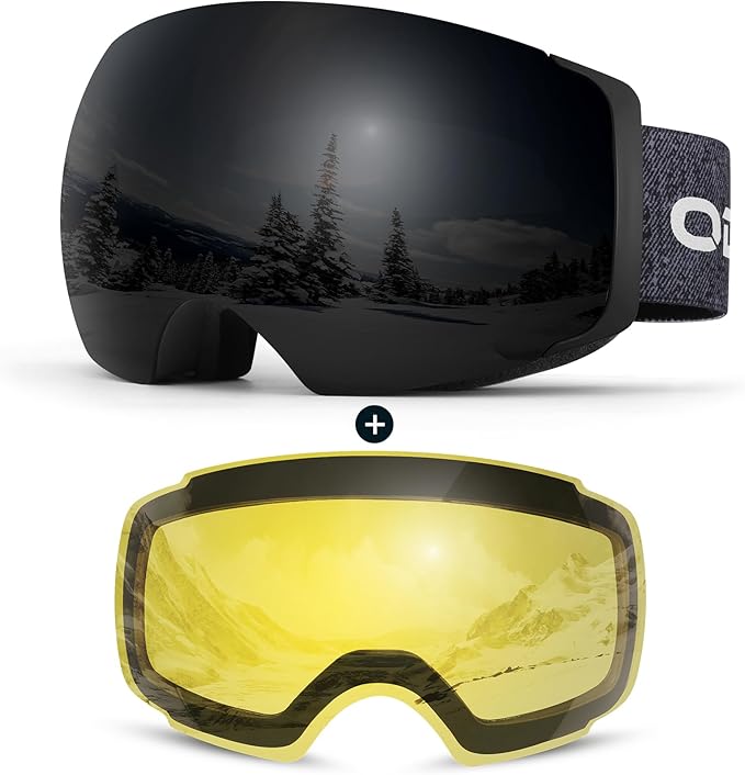 Odoland Magnetic Interchangeable Ski Goggles with 2 Lens, Large Spherical Frameless Snow Snowboard Goggles for Men Women