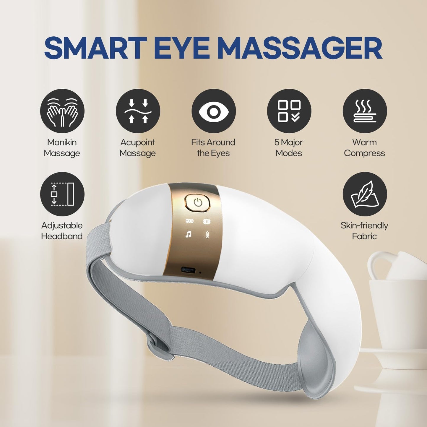HubiCare Eye Massager with Heat, Vibration, and Music Helps Relieve Strain, Dark Circles, Dryness, and for Migraine Relief Relaxation and Better Sleep Valentines Day Gifts for Women/Men (White)