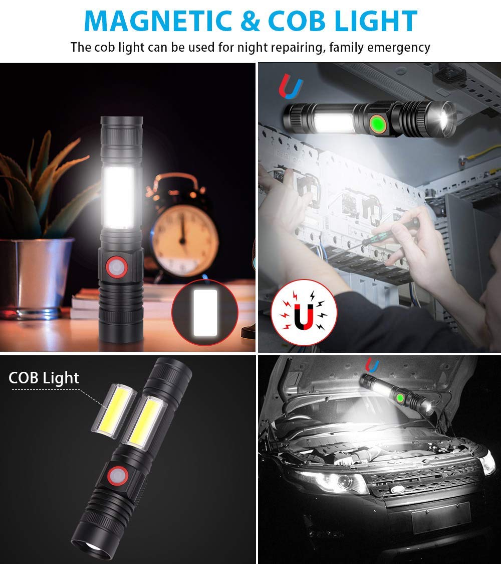 Vnina Rechargeable Tactical Flashlight - USB Magnetic, 4.7 In, Aluminum, 2 Pack, Waterproof, High Lumen, Zoomable