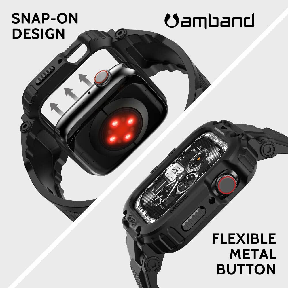 amBand Bands Compatible with Apple Watch 9/8/7/SE (3/2/1)/6/5/4 45mm/44mm Case for Men, M1 Sport Series Rugged Case Protective Cover for iWatch SE3/SE2/6/SE/5/4/3 42/44/45mm Men Black