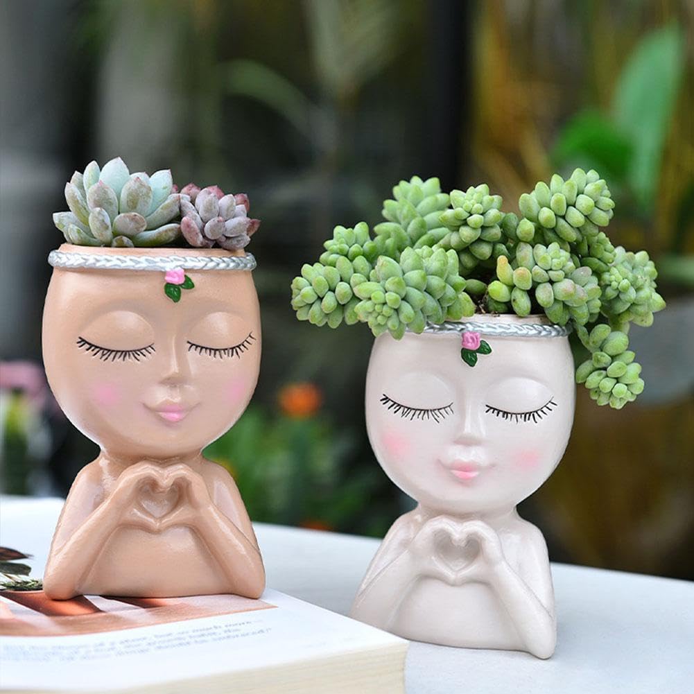 Face Planter, Head Planter, Resin Head Planters for Indoor Plants, Cute Flower Pots with Drainage, Girl Heads Flower Pots, Decorative Makeup Brush Holder Gardening Gifts for Women Mom (Coffee)