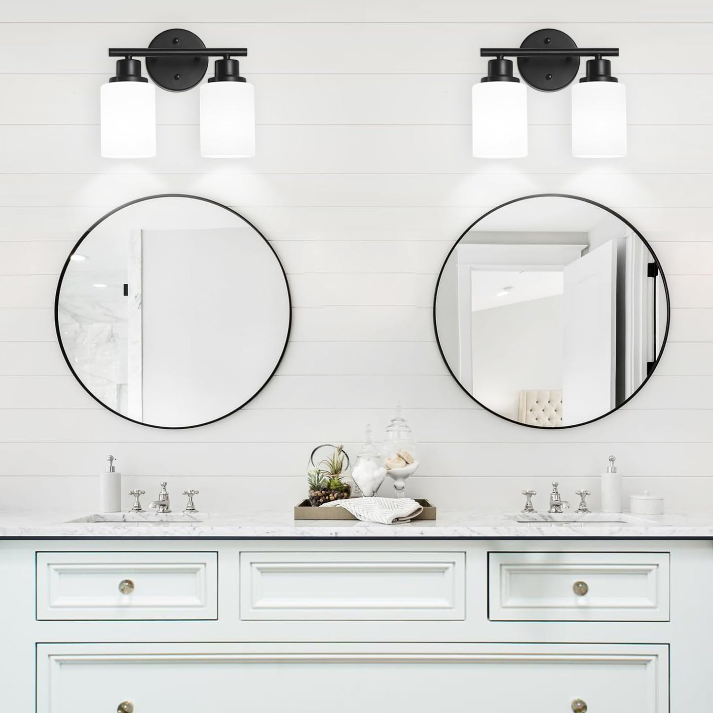 Guliaofo 2-Light Vanity Lights  Black Bathroom Light Fixture With Striped Textured Milky White Glass Shade  Modern Vanity Lighting Fixture For Bathroom Wall Light Over Mirror  E26 Wall Sconce