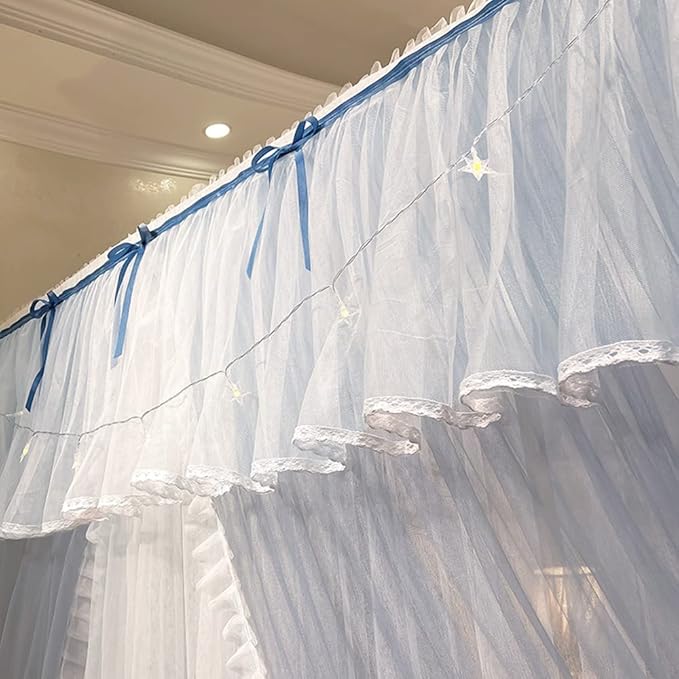 Mengersi Canopy Bed Curtains with Lights,4 Corner Bed Canopy Royal Luxurious Bed Drapes Netting,Princess Bed Curtains for Girls Adults Bedroom Decoration (Gray Blue, King)