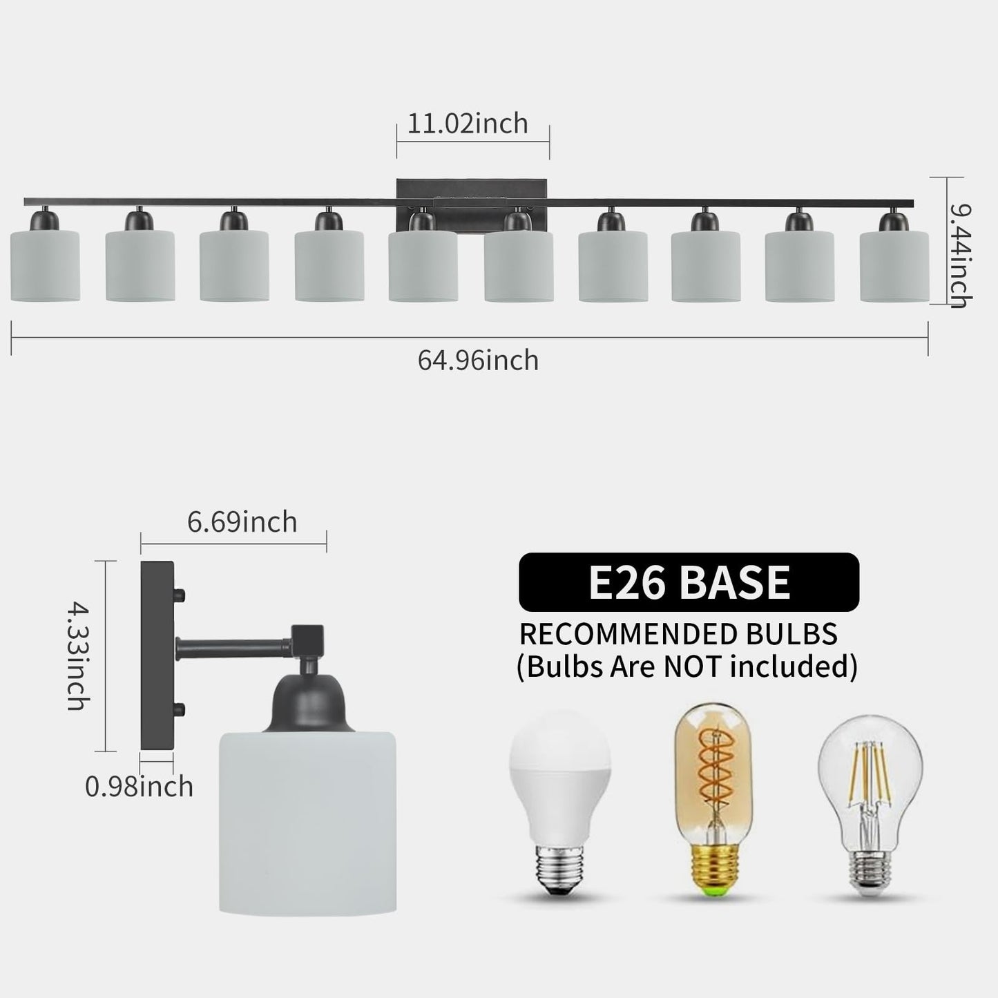 10 Light Black Vanity Lights for Giant Mirror, Bathroom Vanity Lights Over Mirror with Milky White Frosted Glass Shades,65 inch Bathroom Light Fixture for Mirrors, E26
