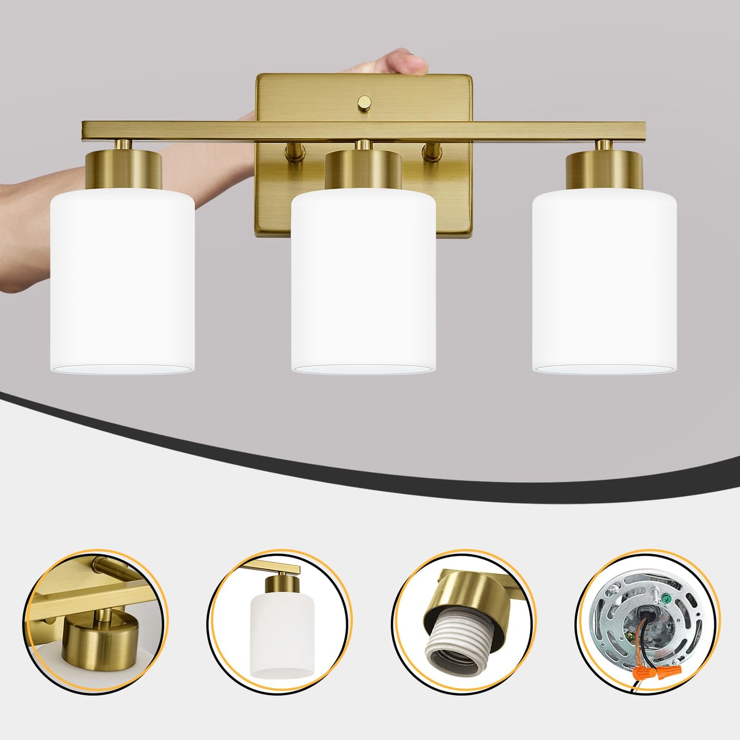 FonmYim Brushed Gold 3-Light Bathroom Vanity Light Fixture, Metal with Frosted Glass Shades, Model FY-GB3105-RG3