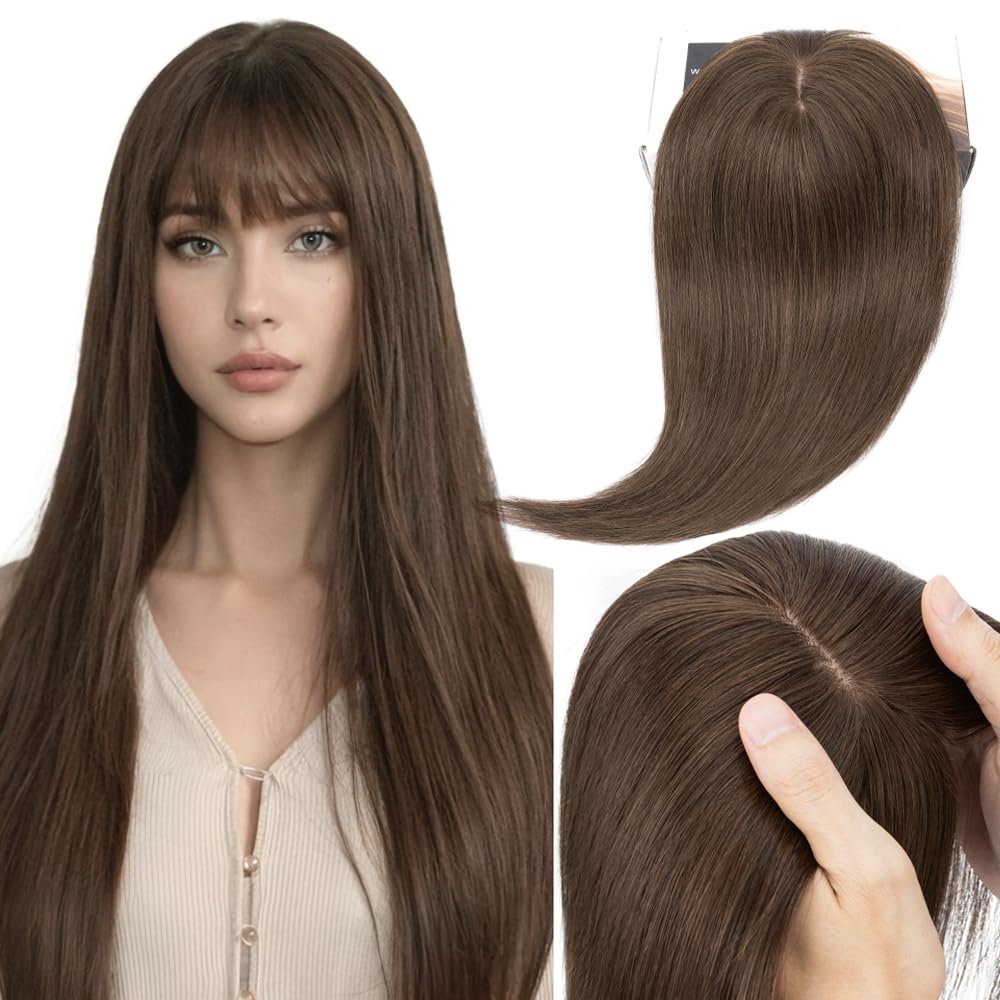 Elailite Hair Toppers for Women Real Human Hair Topper with Bangs Thinning Thin 5.1 x2.8  Silk Base Clip in Remy Hairpieces 6 In
