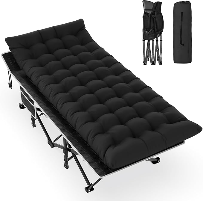 Slendor Camping Cot, Folding Camping Cots for Adults, Portable Sleeping Cot with Carry Bag, 1200D Double Layer Oxford, Camp Cot Bed for Guest Travel, Hiking, Support 500lbs, Black