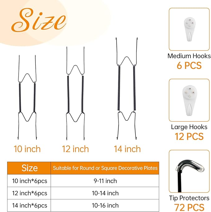 Bilillo 18-Piece Stainless Steel Wall Plate Hangers, 10/12/14 Inch Invisible Decorative Wire Plate Holders with 18 Pieces Wall Hooks for 8 to 16 Inch (Black)