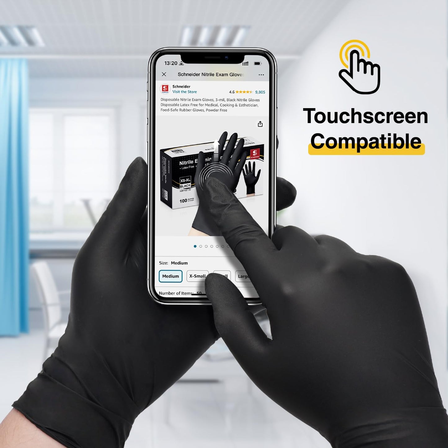 Schneider Nitrile Exam Gloves, Black Latex Free Powder Free Disposable Gloves for Medical, Cooking, Cleaning, and Food Prep (Large, 100)