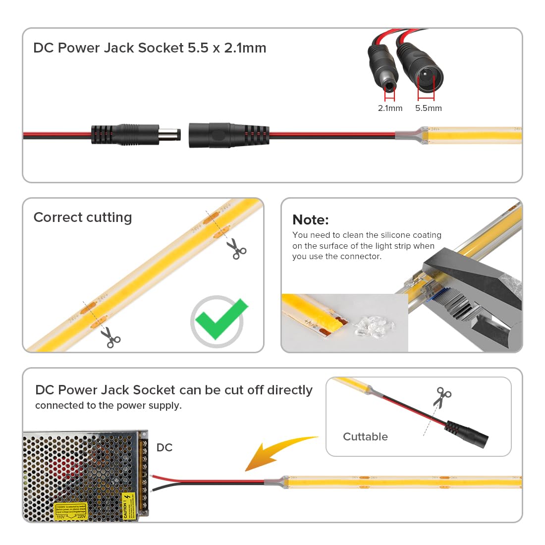 FCOB COB LED Strip Light 16.4FT 320LEDs/m IP65 Waterproof DC24V Natural White 4000K Dimmable Model FCOB5M24V8