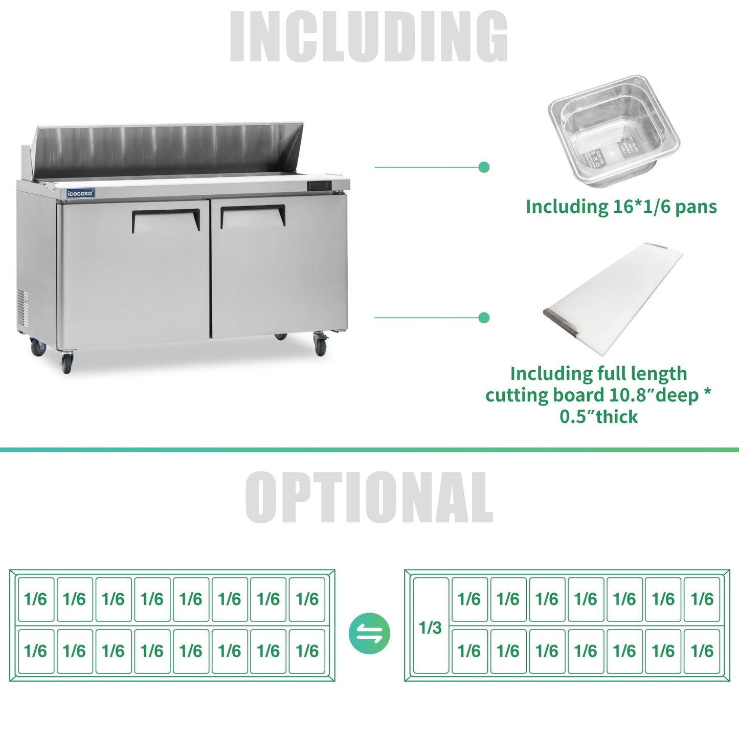 ICECASA 60" W Commercial Refrigerator Sandwich&Salad Prep Table single Door Stainless Steel Counter Fan Cooling Refrigerator with 16 pans-60 Inches for Restaurant, Bar, Shop, etc