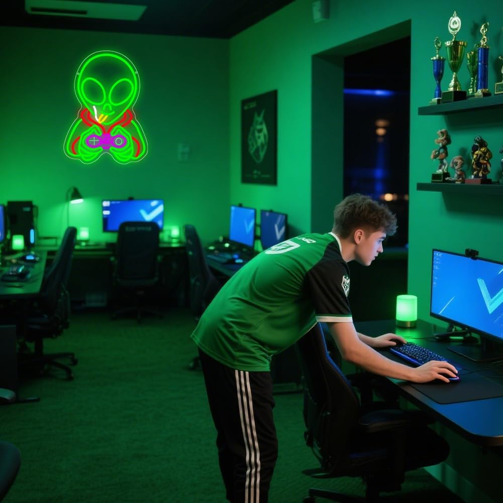 Green Alien Gamr Neon Sign,Gaming Dimmable LED Light Signs for Wall Art Decor,Game Room Backdrop for Bar Bedroom Club Party Man Cave,Alien Gift for Boys Teen Men USB Powered（ 15.8"* 11.9"）