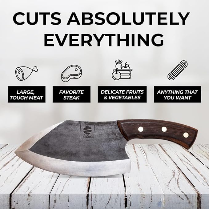 COOLINA Knife Set – Lixy, Tungsten & Promaja Knives Bundle – 3-Piece Hand-Forged Carbon Steel Kitchen & BBQ Knives – Full Tang Butcher, Chef & Cleaver with Wooden Handles