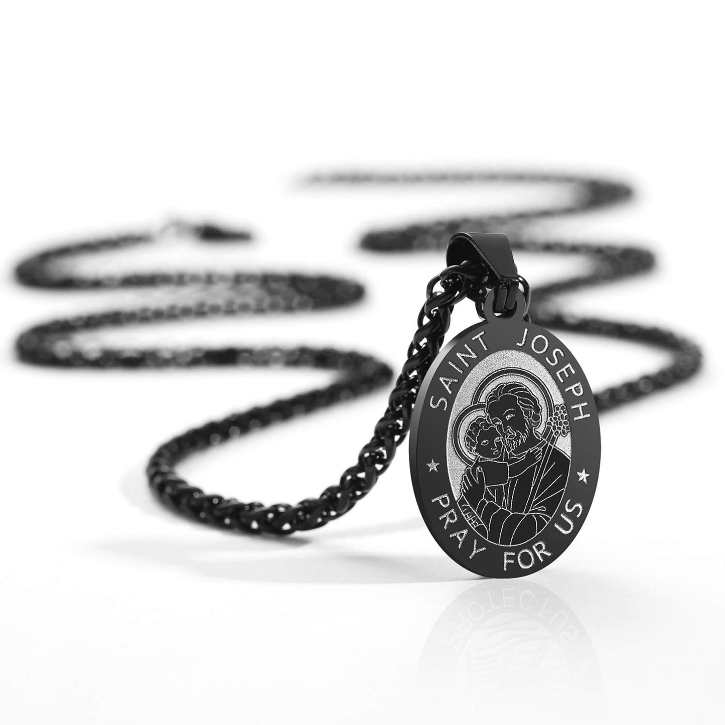 Zocomi Black Saint St Joseph Medal Necklace for Men Boys, St. Joseph Pendant Chain Jewelry Catholic Christian Religious Baptism
