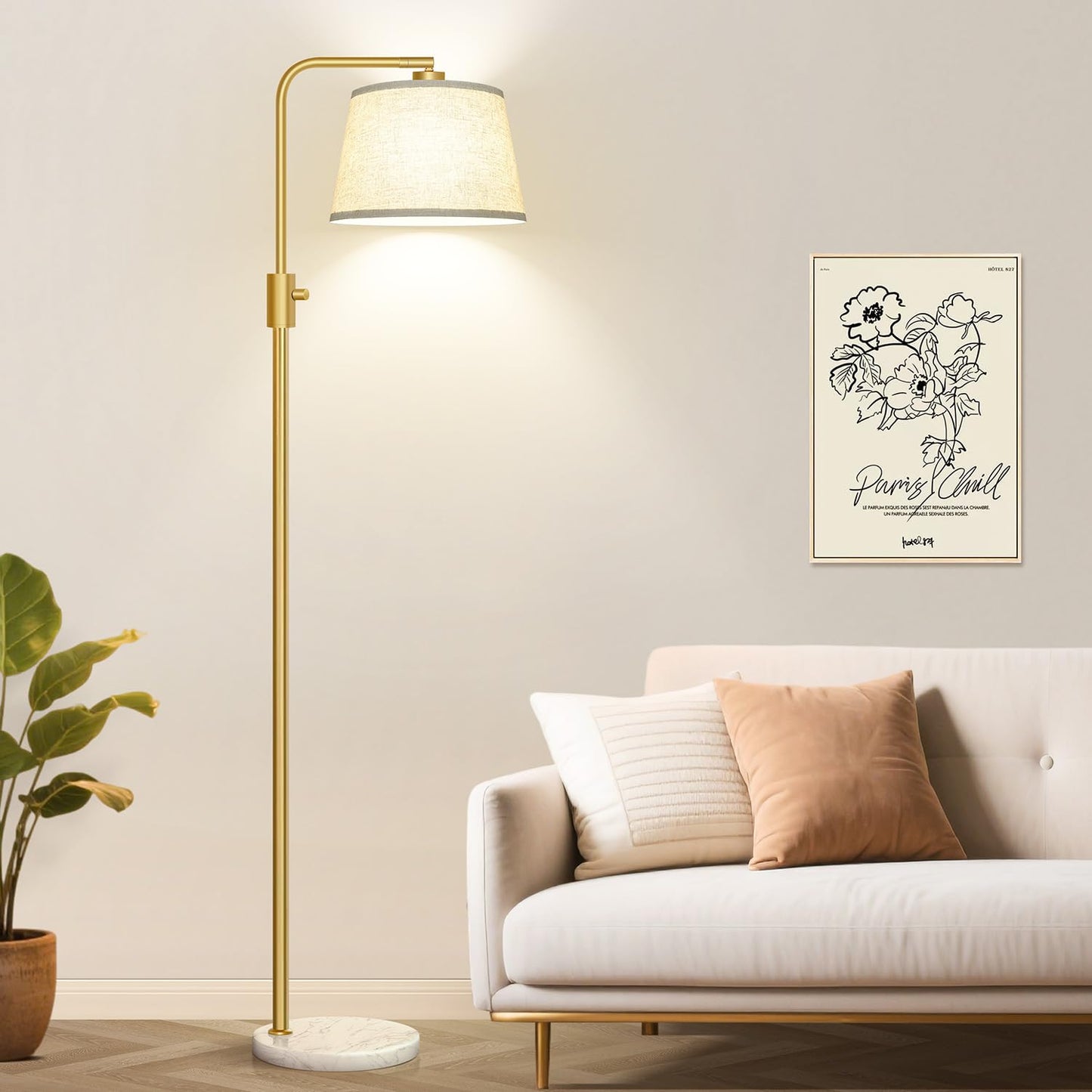 Nintiue Dimmable Arc Floor Lamp with 1000 LM LED Edison Bulb, Gold-Linen Shade, Marble Base, Model FL16886