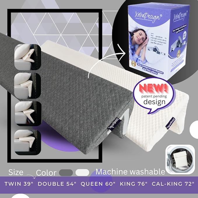 Bed Wedge Pillow for headboard Mattress Gap DuoWedge lux. (White, Double 54") The Perfect Filler for Gaps up to 7"