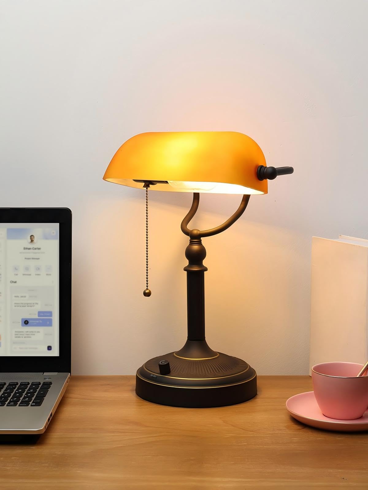 Newrays Dimmable Glass Bankers Desk Lamp T9008, Matted Amber, LED Bulb Included, Perfect for Home Office & Library