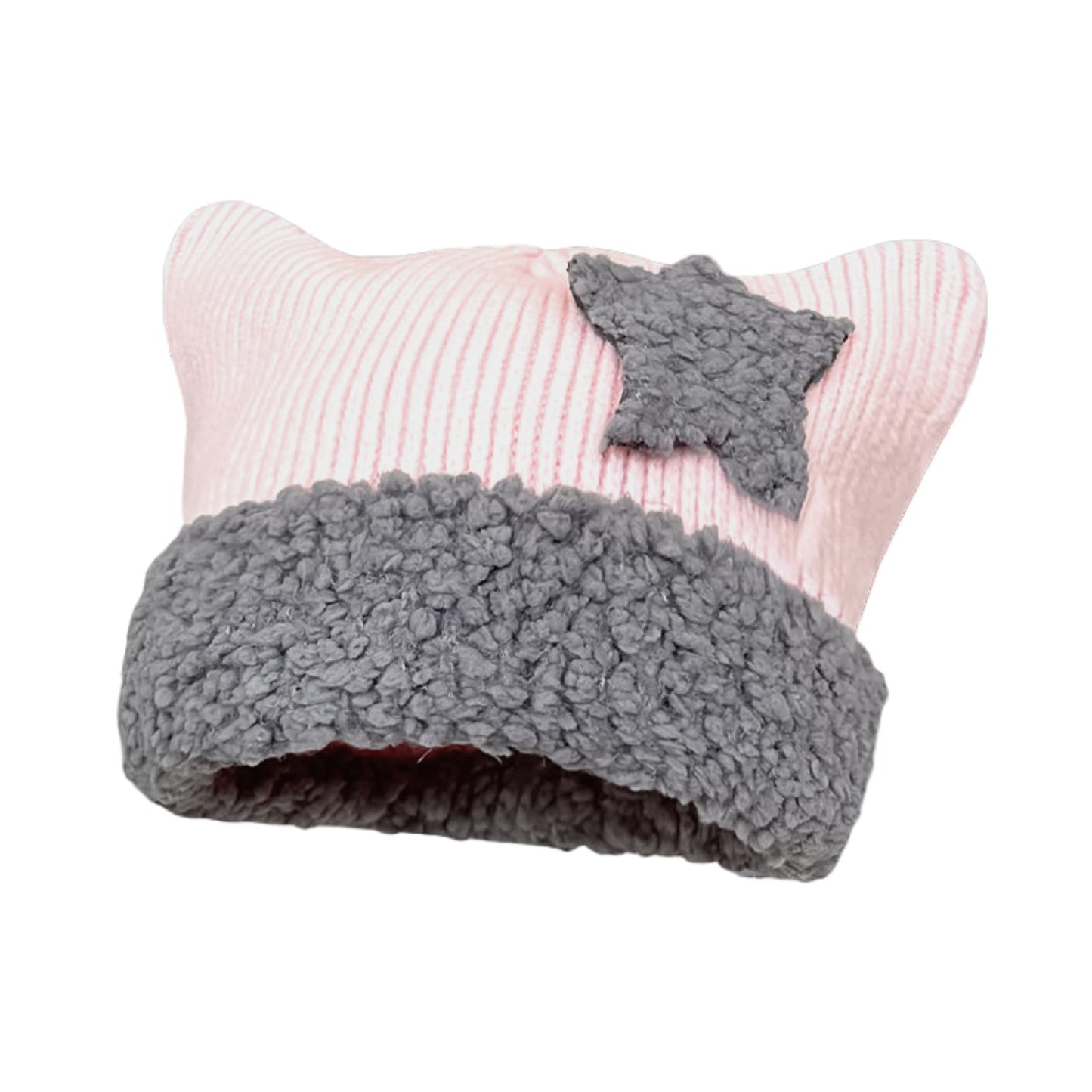 Cute Crochet Hat for Women Y2K Knit Hat Kawaii Beanie Cat Ear Grunge Fairy Slouchy Headgear Accessories (Pink-Grey)