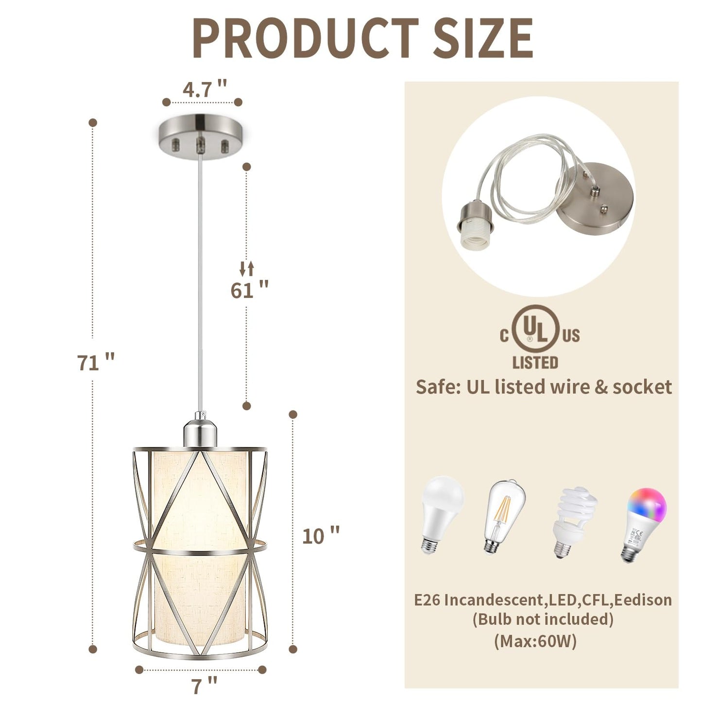 Zlierop Modern Pendant Light - Adjustable Height, Brushed Nickel, Linen Shade, 7inx10in, UL Certified