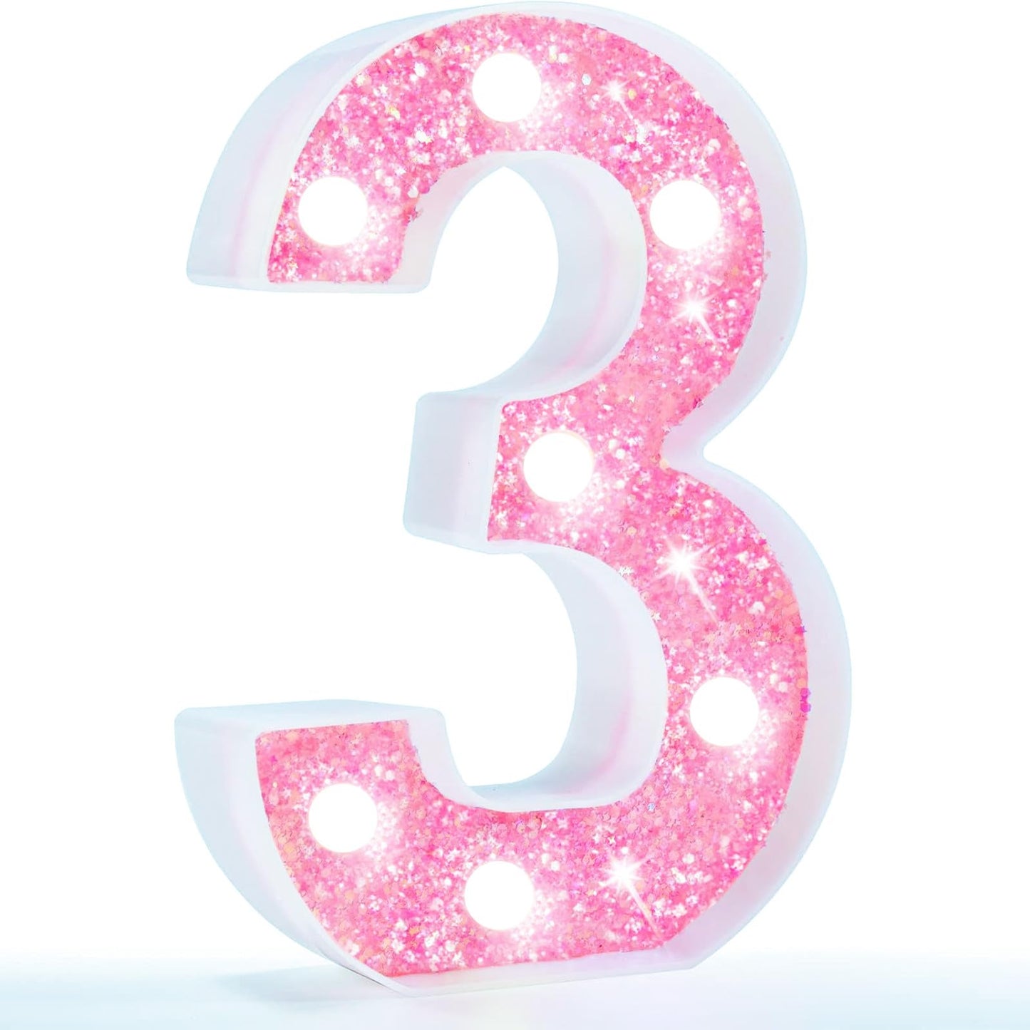 Pooqla Marquee Number Lights  Pink Light Up Numbers For Girls 3Rd 13Th Birthday  Battery Powered Glitter Number Night Light Gift For Christmas Bedroom Dorm Party Decoration  Cool White Number 3