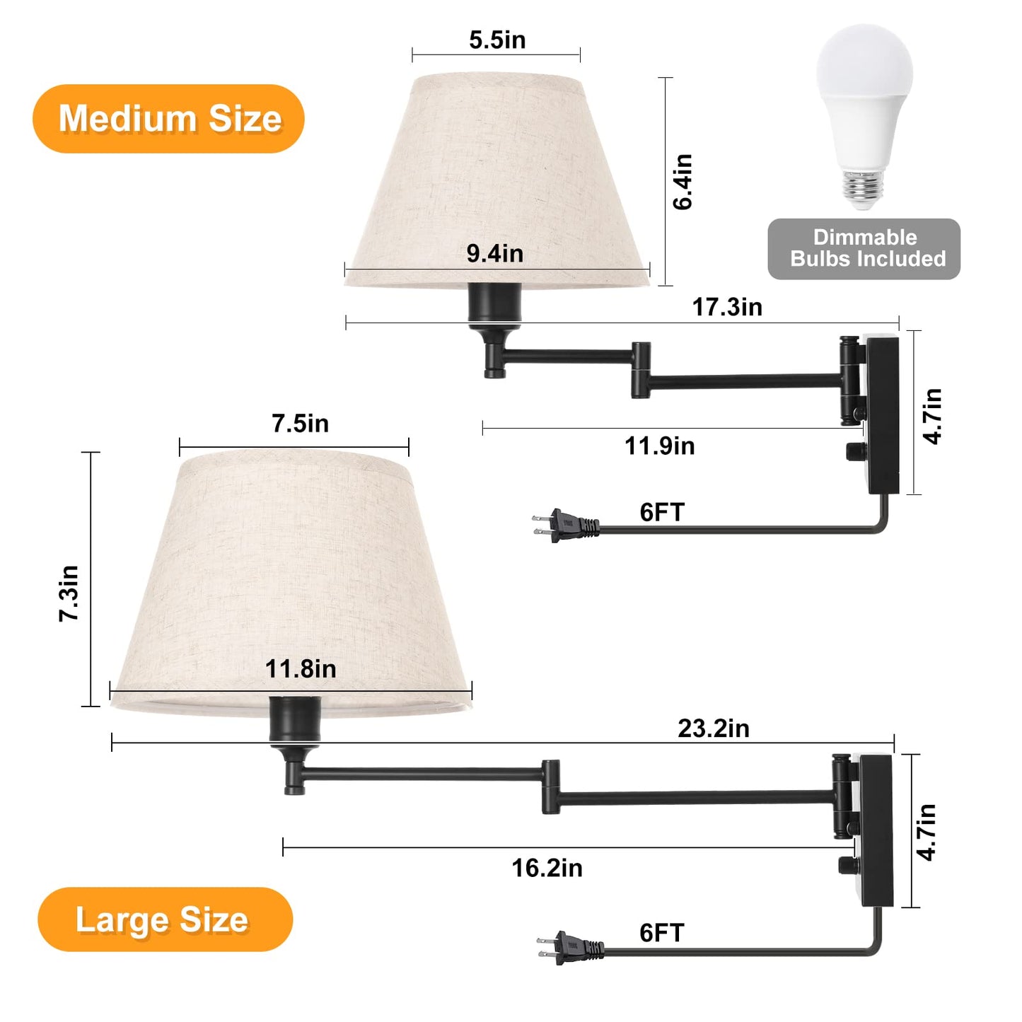 Trlife Wall Sconce, Remote Control Dimming 10-100%, 11.8 Large Beige Fabric Shade, Adjustable Color Temp 2700K-6500K, 2 Pack