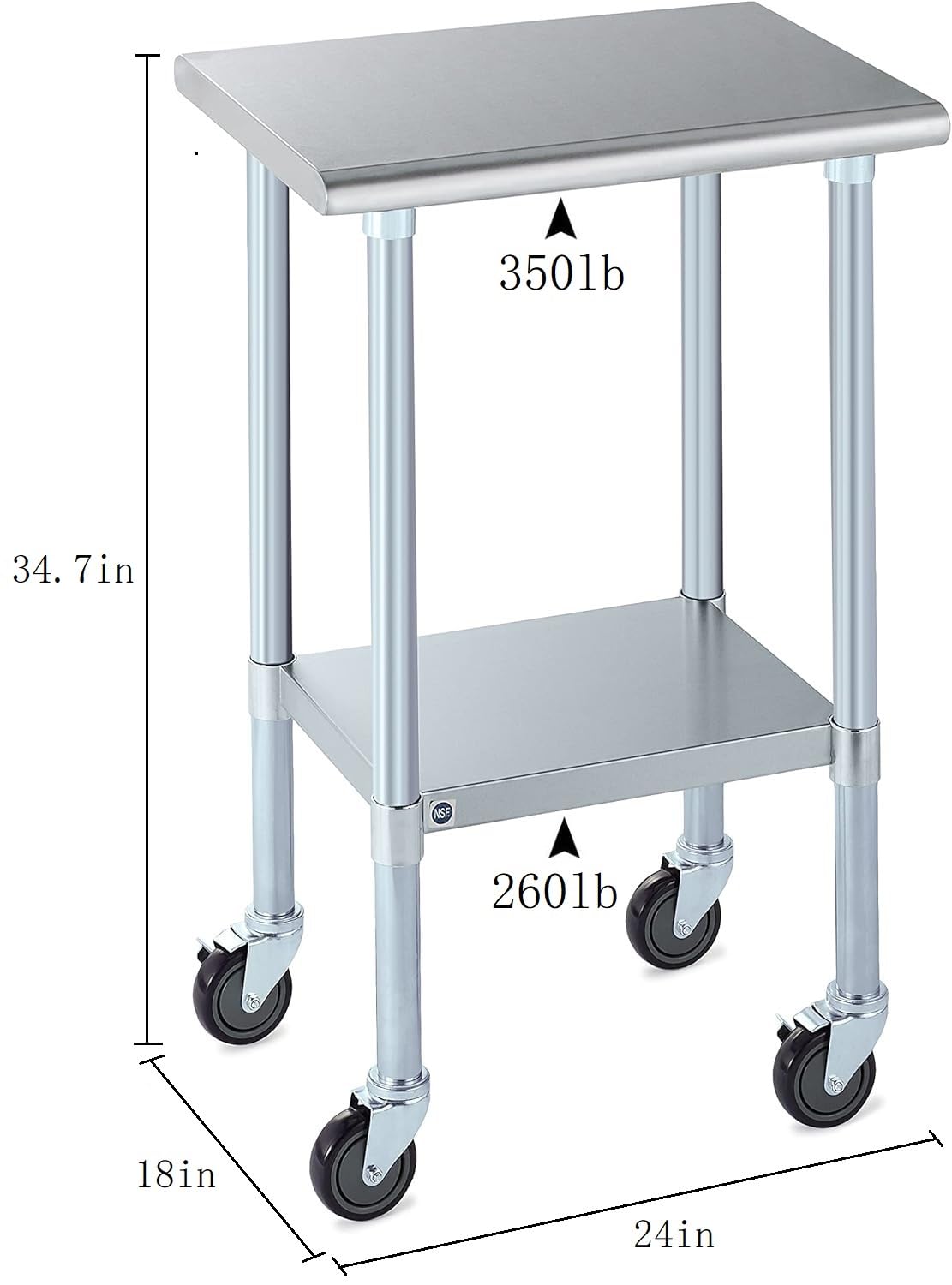 ROCKPOINT Stainless Steel Table for Prep & Work with Caster Wheels 18x24 Inches, NSF Metal Commercial Kitchen Heavy Duty Table with Adjustable Under Shelf and Table Foot for Restaurant, Home and Hotel