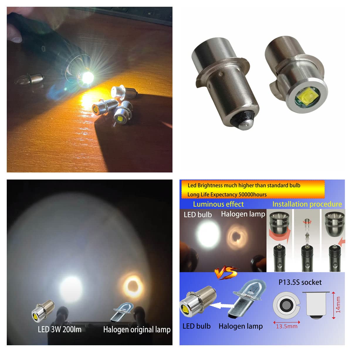 GLGYCB P13.5S PR2 LED Bulb Flashlight Replacement Led Conversion kit 2D 3D 4d Cell Bulbs 3W 3V 4.5V 6V for 2-4C&D LED Bulbs 4Pack